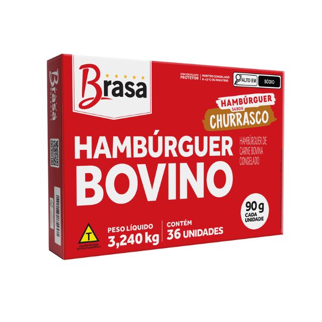 HAMBÚRGUER BOVINO CHURRASCO BRASA BURGUER CAIXA 36X90G