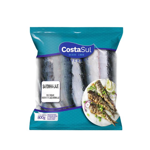 SARDINHA LAGE SEM CABEÇA, SEM VISCERAS COSTA SUL PACOTE 800G CAIXA 12KG